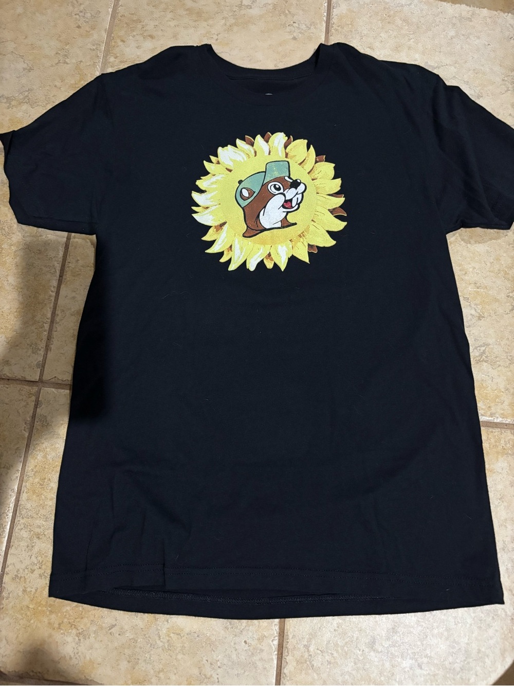 Bucees themed Black Graphic Tee with Sunflower Cartoon